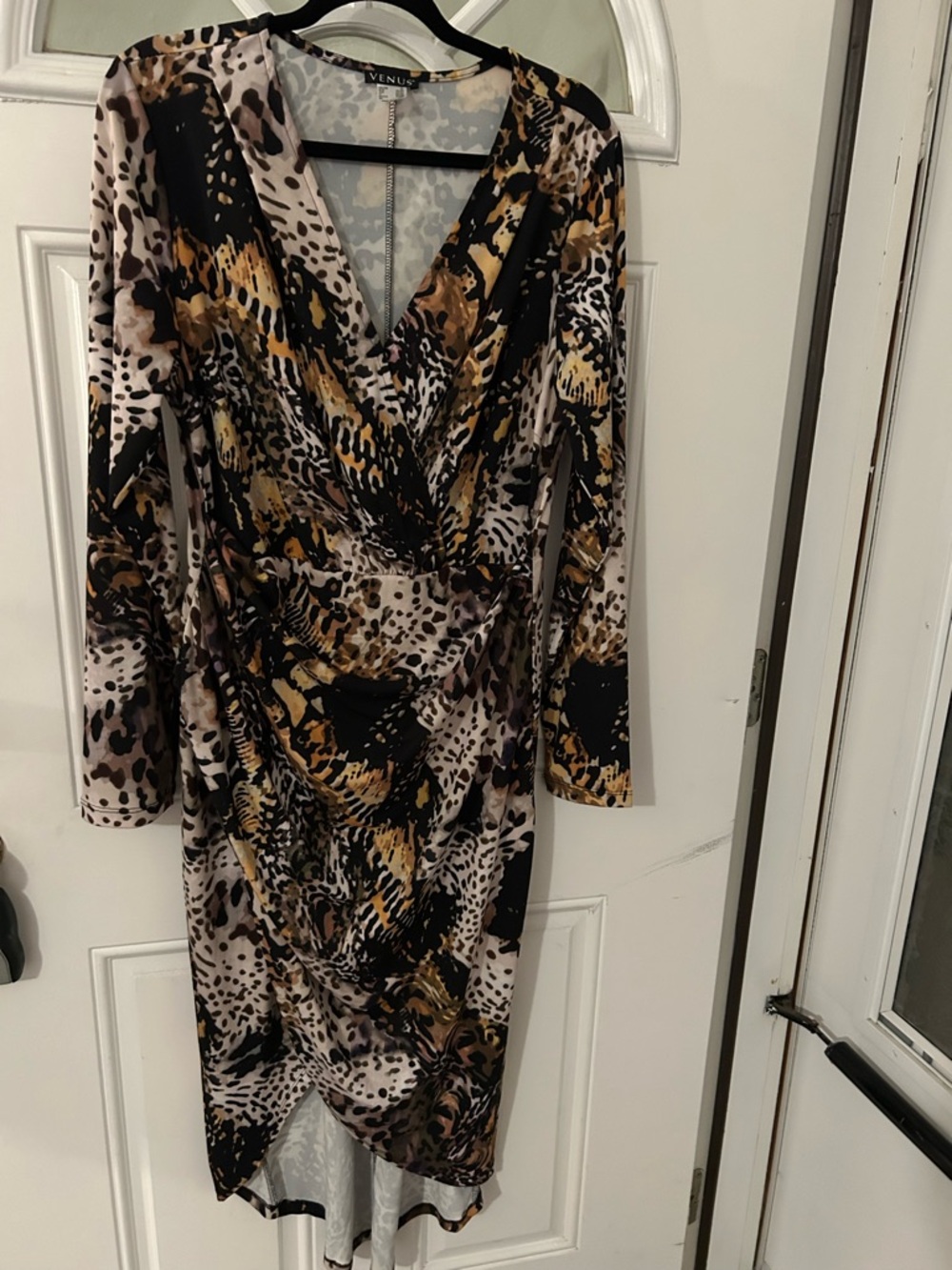 VENUS Long-Sleeve Faux-Wrap Animal Print Dress in Black and Brown. S3